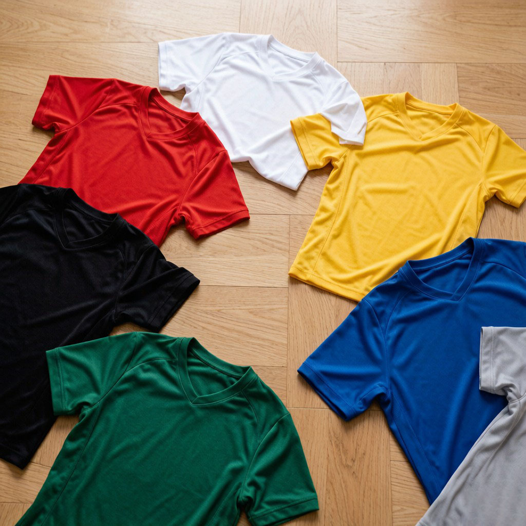 Assorted generic football shirts flat lay