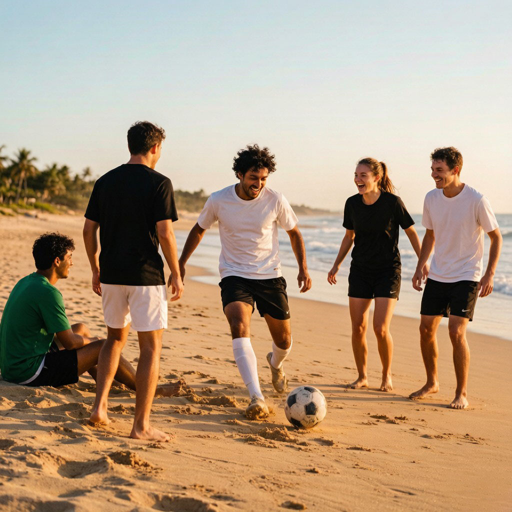 Friends playing football on a beach