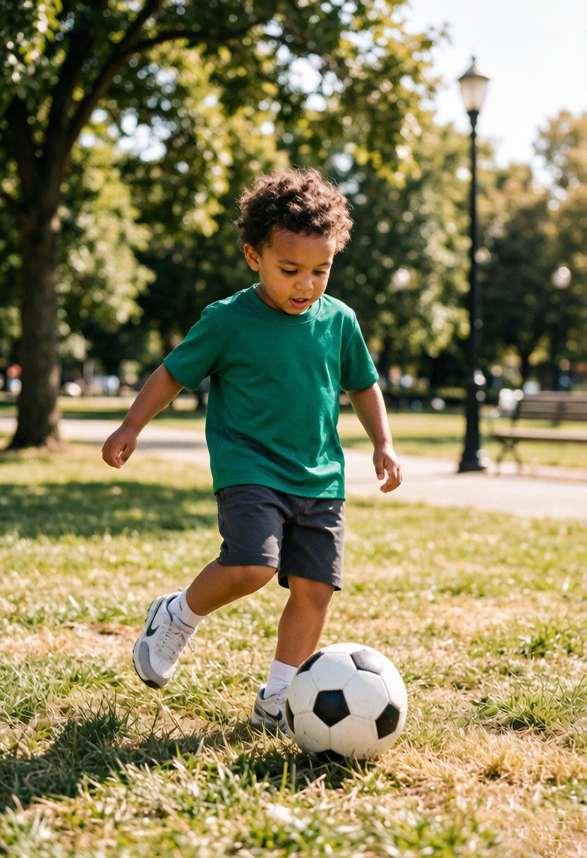 Child in a green jersey kicking a ball in a park