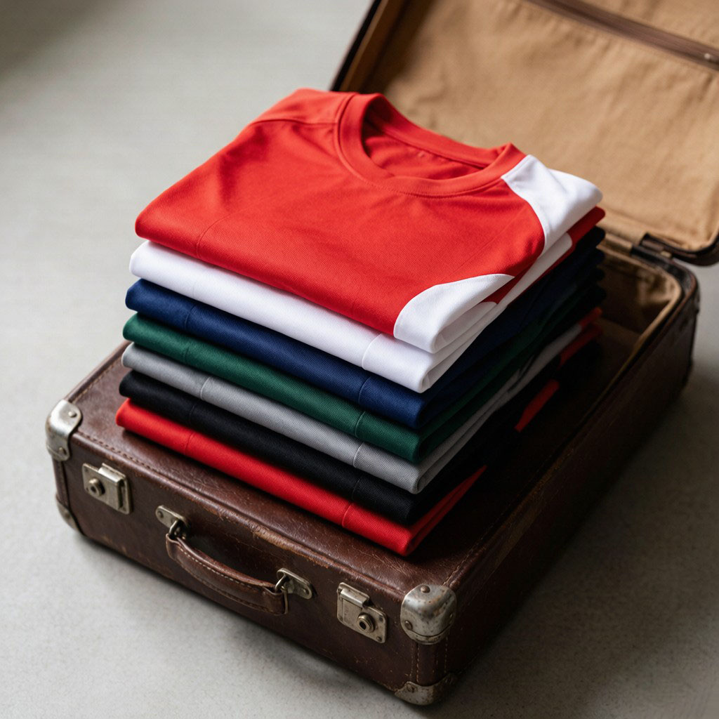 Folded jerseys on a vintage suitcase